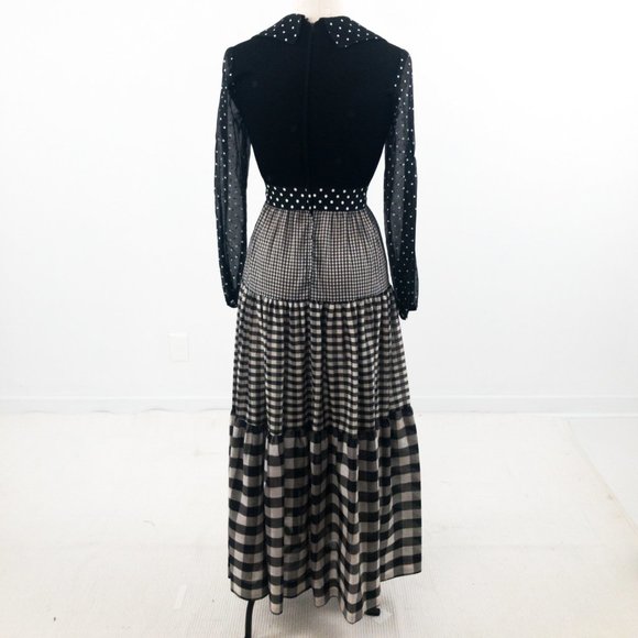 SOLD Vintage 70s S Prairie Check Print Maxi Dress Black - Picture 6 of 10